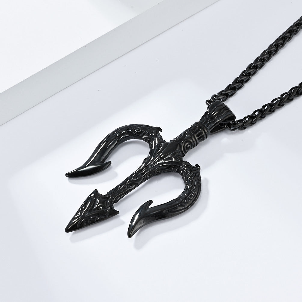Steel Necklace - Vintage Trident Pendant For Men Everyday Hip Hop Jewelry By Planderful