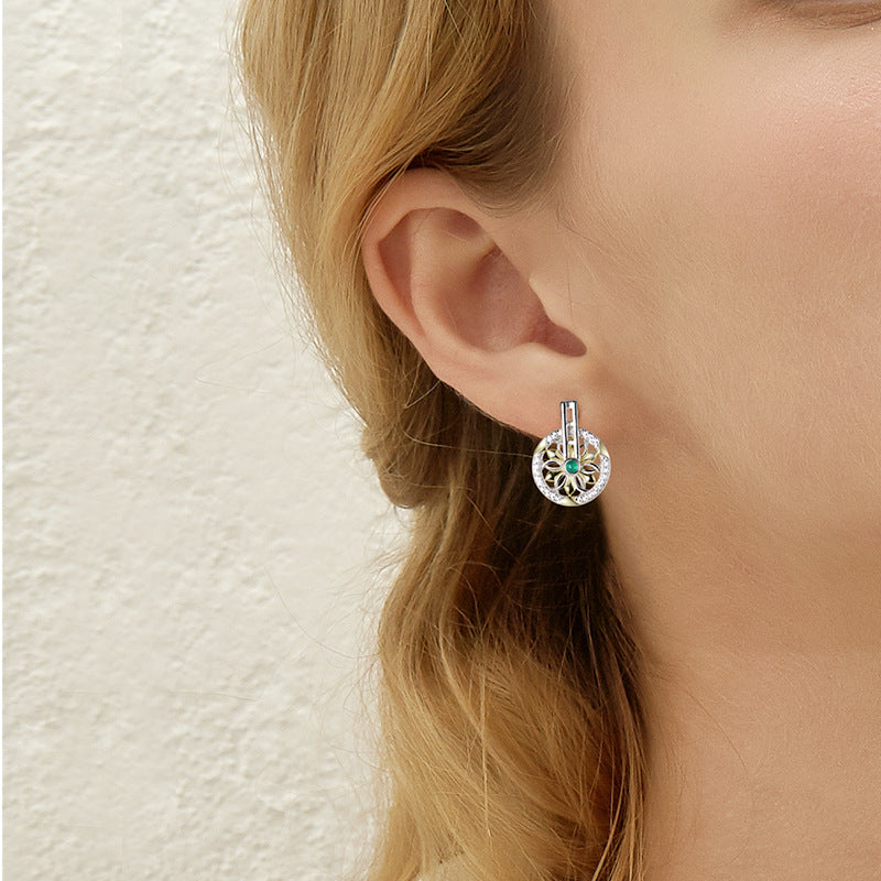 Creative Kaleidoscope Pattern Rotatable Circle Pendant Sterling Silver Drop Earrings