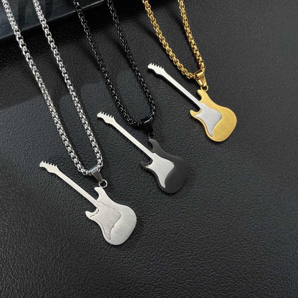 Planderful Stainless Steel Guitar Pendant Necklace Unisex Street Style Hip Hop Gift For Him And Her