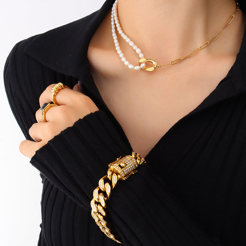 Luxurious Freshwater Pearl Necklace with Gold Plating and Titanium Steel - Chic and Durable Jewelry Accessory