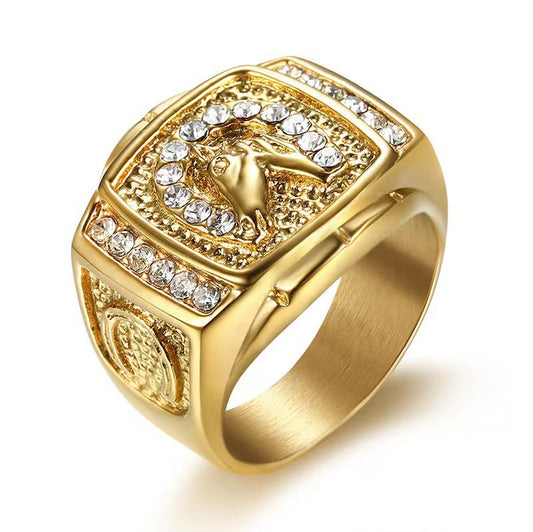 Planderful Gold Plated Zircon Horse Head Hip Hop Ring For Men Unisex Statement Jewelry