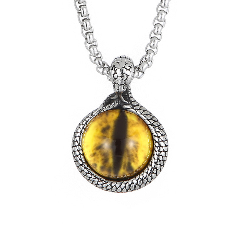 Trendy European and American Street Style Snake Inlaid Tiger's Eye Titanium Steel Men's Pendant
