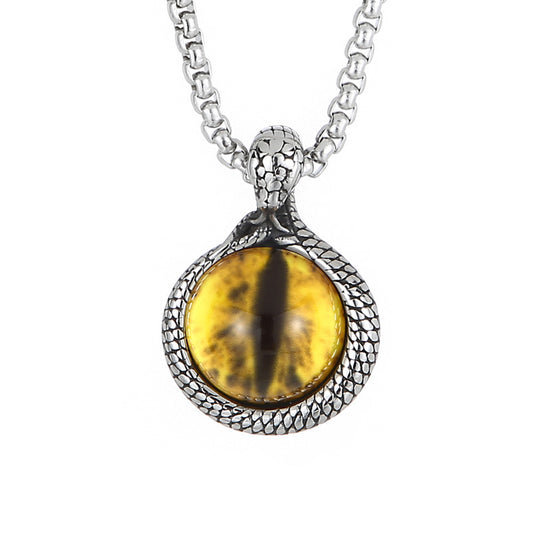 Trendy European and American Street Style Snake Inlaid Tiger's Eye Titanium Steel Men's Pendant
