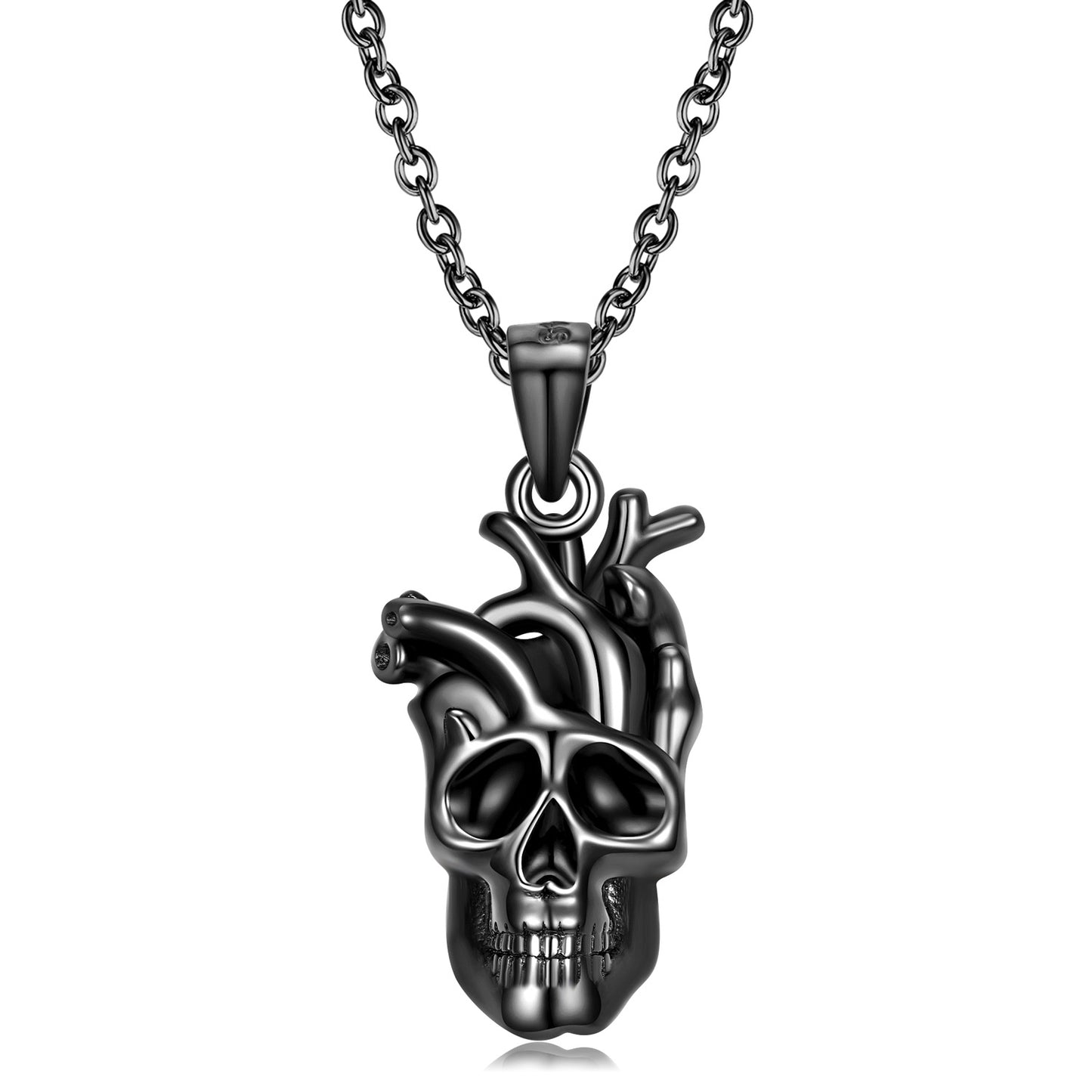 Halloween Black Cardiac Viscera Skull Pendant Silver Necklace