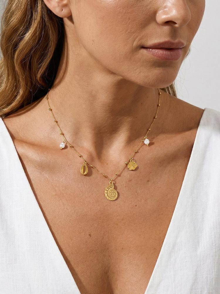 Summer Leisure Seaside Ocean Wind Stainless Steel Imitation Glass Pearl Conch Lady Necklace