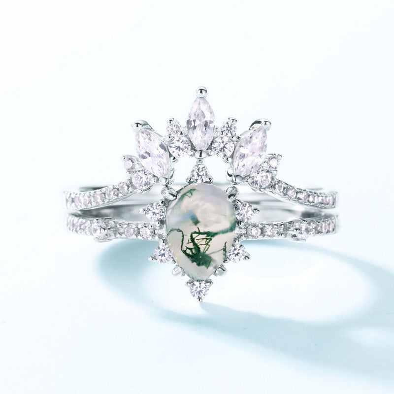 S925 Sterling Silver Moss Agate Pear Pear-Cut Ring