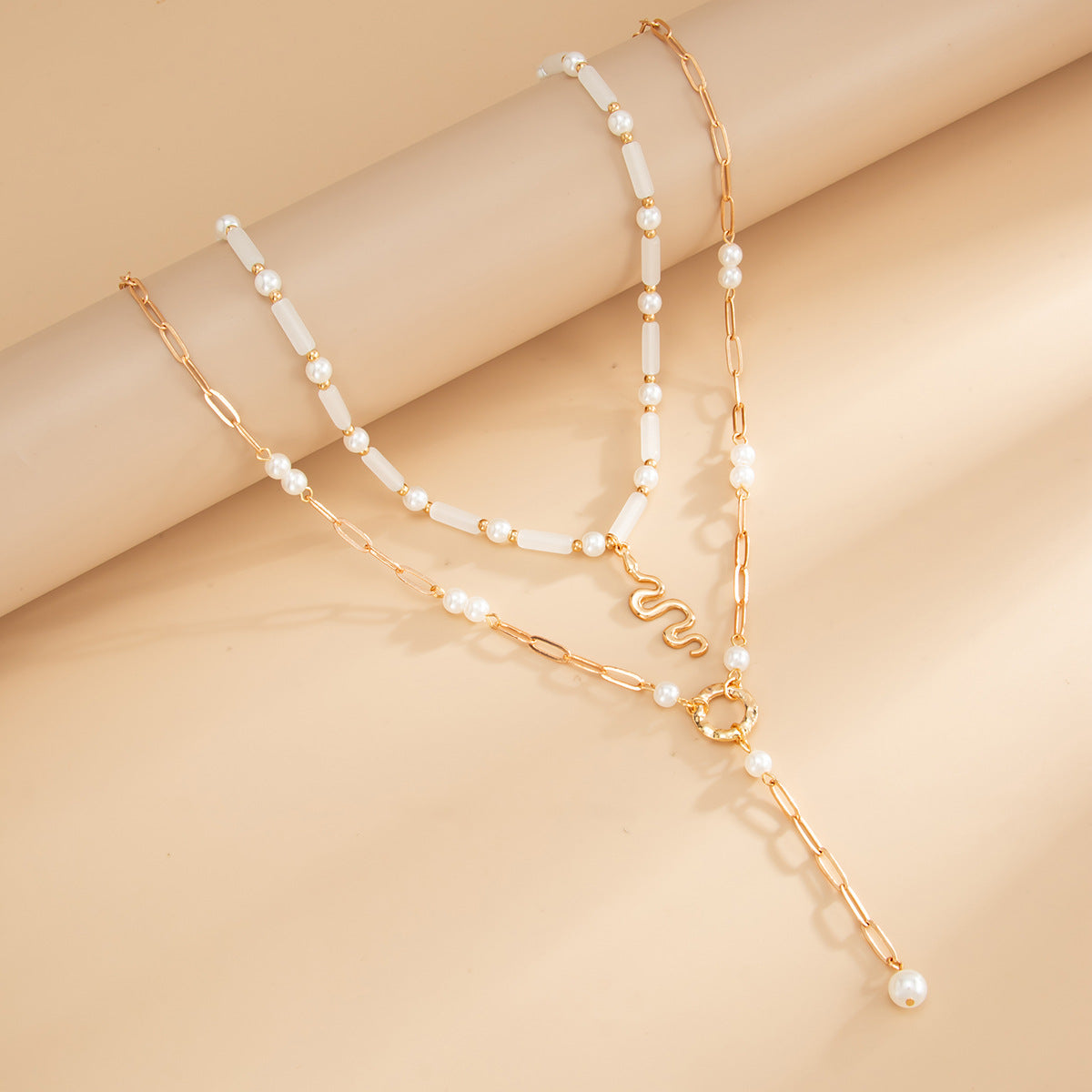 Bamboo Snake & Pearl Cross Y-Necklace