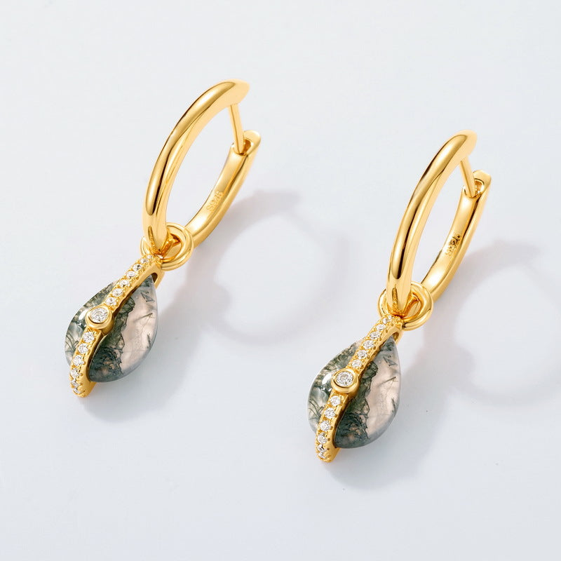 Planderful Everyday Genie Earrings – Fashion Trend S925 Sterling Silver Inlaid Green Mossy Stone Water Drop-shaped Women's Earrings Wholesale