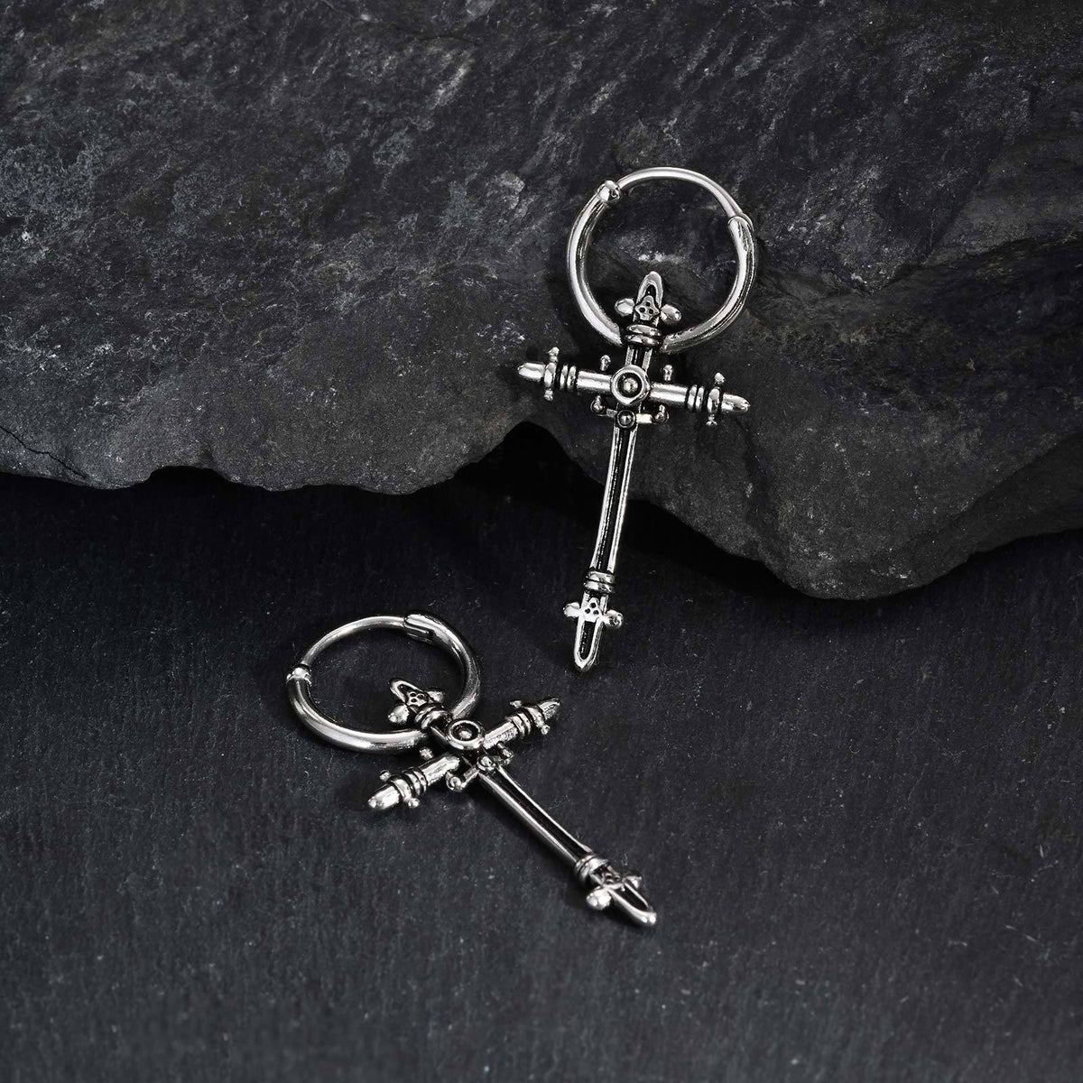 Antique-Silver Ornate Cross Hoop Earring — Single