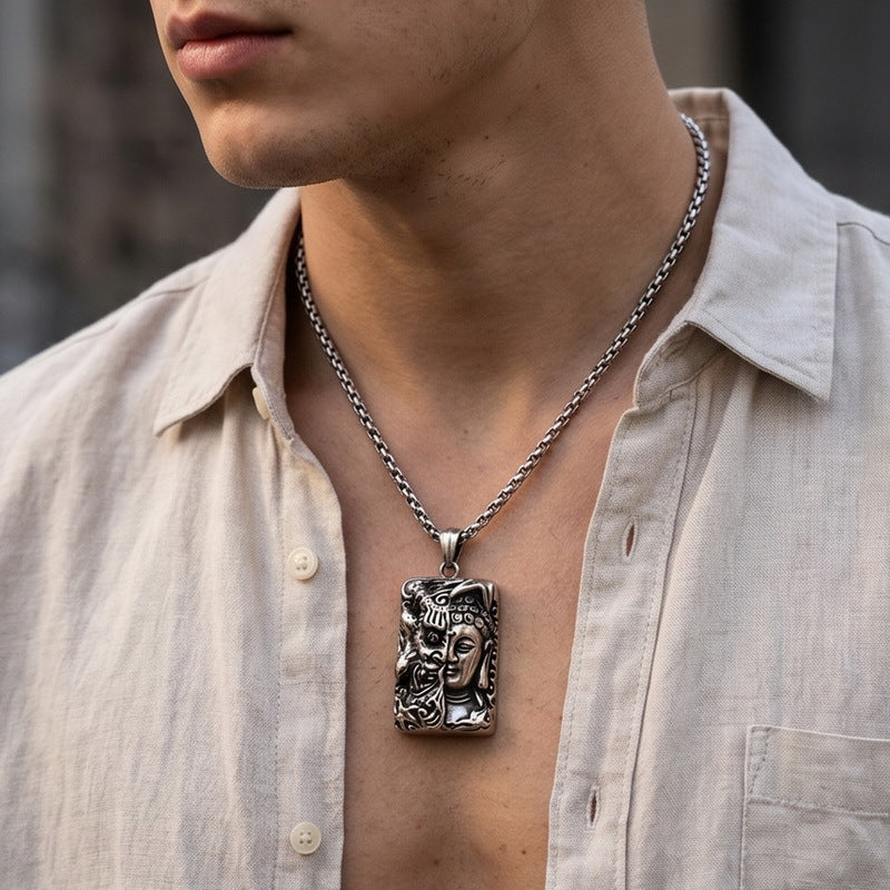 Dark Wind Double Sickle Reaper Pendant Angel Portrait Pendant Two-Sided Buddha Head Stainless Necklace
