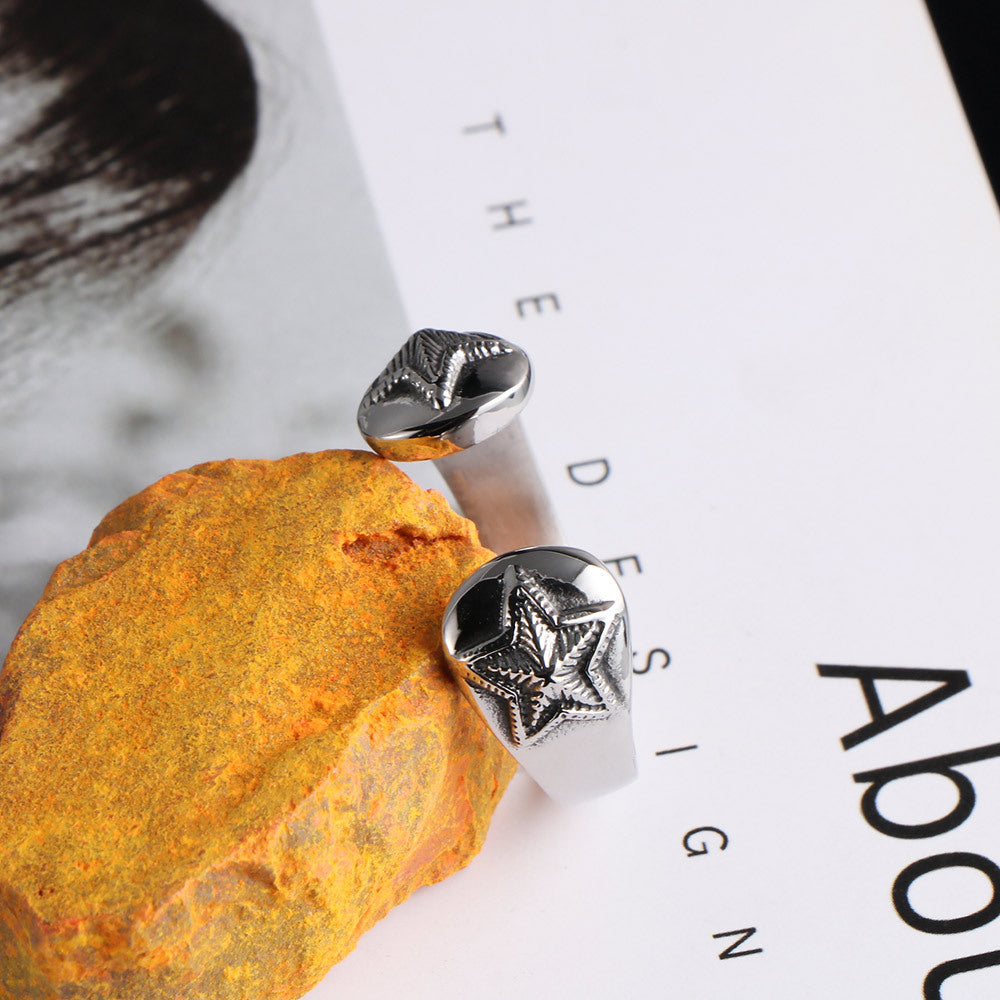 Men's Retro Double Star Titanium Steel Ring - Trendy Index Finger Jewelry for Women