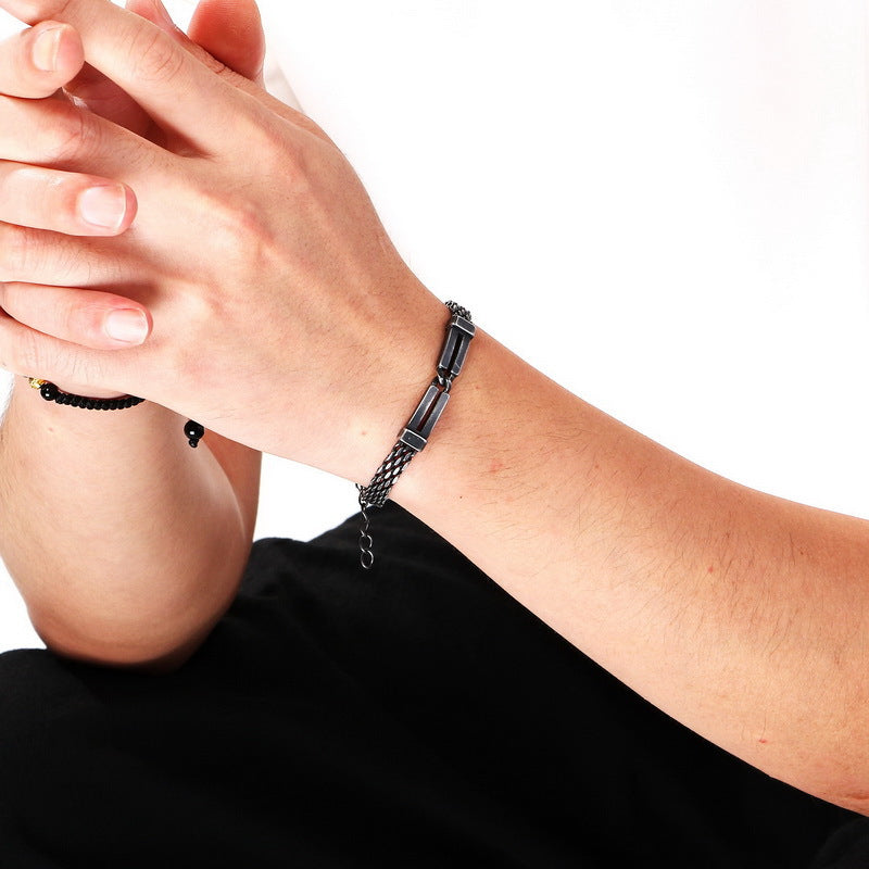 Including Extension Chain – Layered Hollow Curved Bar Mesh Chain Stainless Steel Bracelet