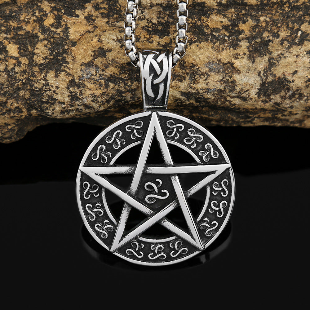 Titanium Steel Men's Trend Necklace Round Pentagram Pendant