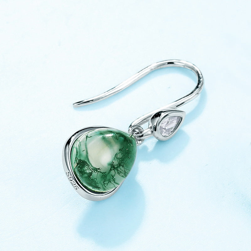 S925 Sterling Silver Moss Agate Teardrop Drop Earrings