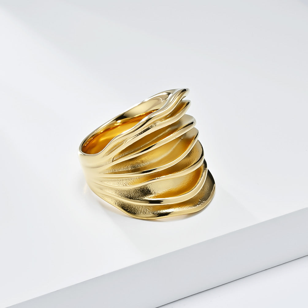 Planderful Gold Plated Titanium Steel Ring For Women With Three Dimensional Woven Pleated Design Light Luxury Jewelry