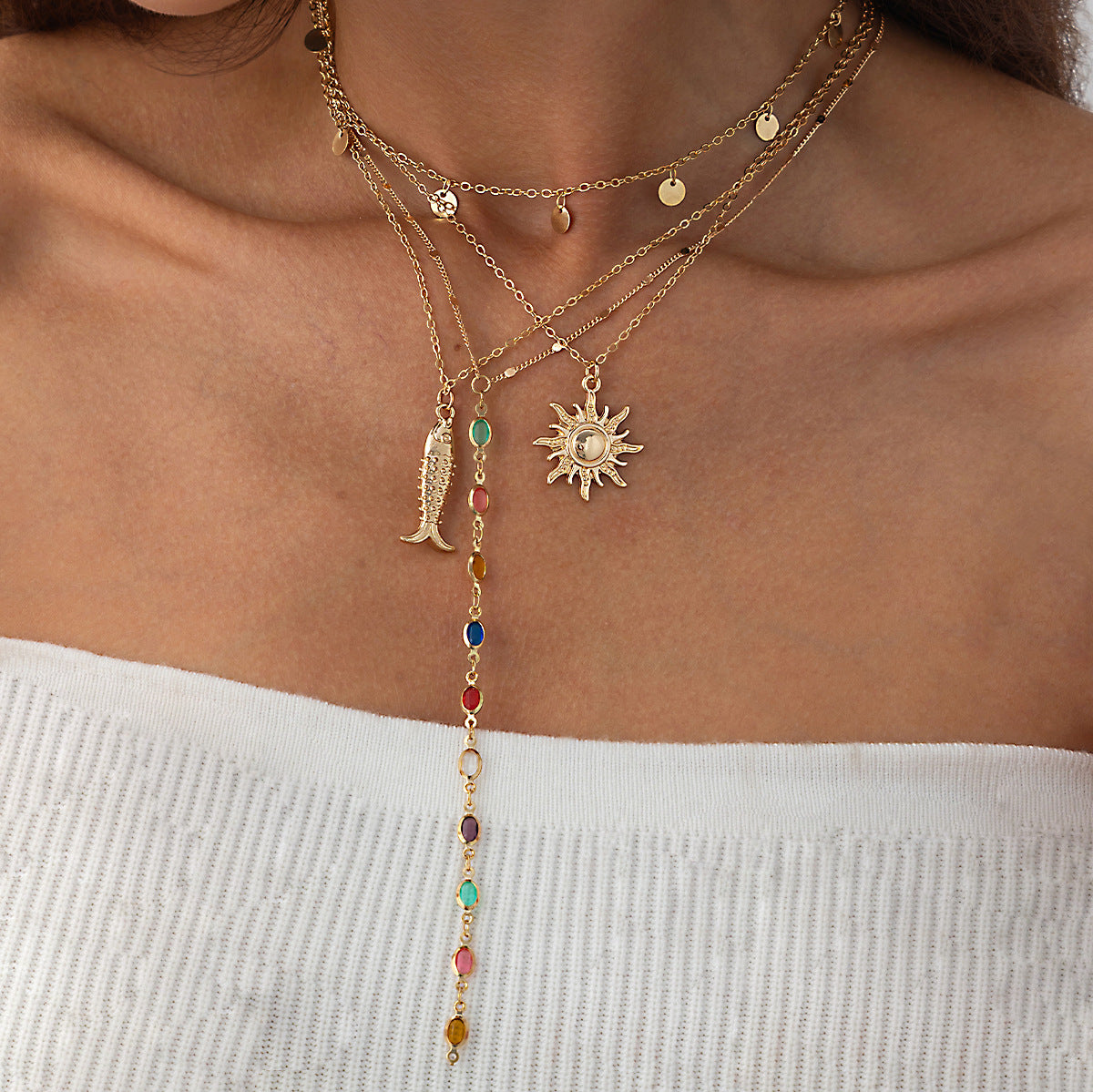 Coastal Fish, Crystal & Sun Layered Necklace