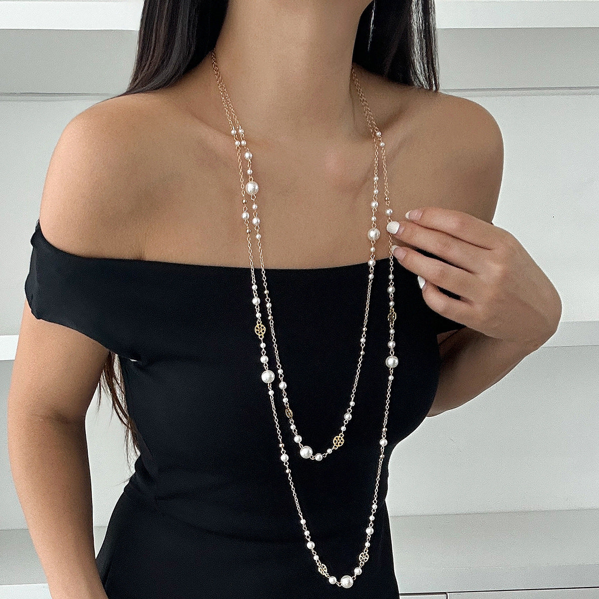 Retro Star-Shaped Fringed Sweater Chain For Imitation Pearls Stacked With Long Necklaces Necklace