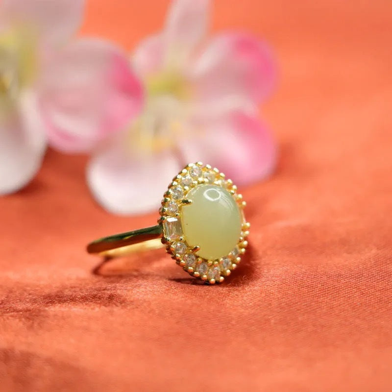 Hetian Jade Sterling Silver Ring with Zircon Accent - Fortune's Favor Collection