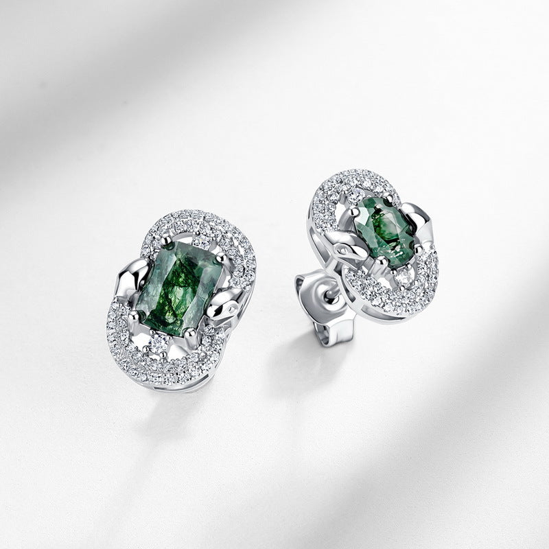 S925 Sterling Silver Moss Agate Signature Stud Earrings