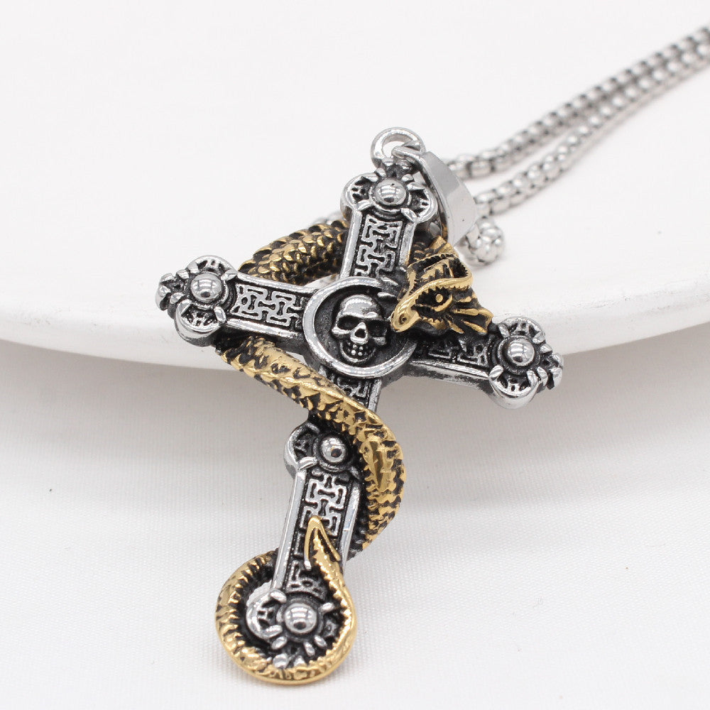 Customizable Retro Dragon Skull Cross Pendant for Men in Titanium Steel - European & American Style
