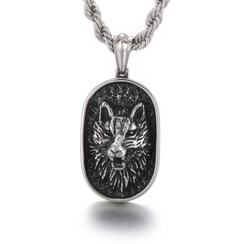 Punk-Inspired Wolf Head Pendant Necklace for Men in Retro Dark Titanium Steel
