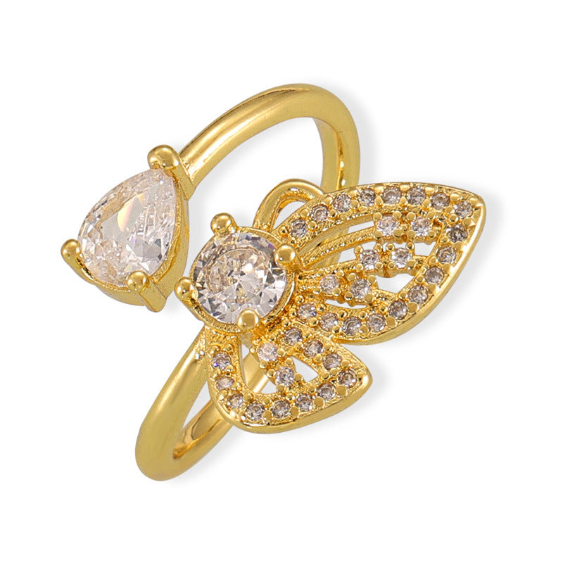 Butterfly Charm Copper Ring with Zircon Accent