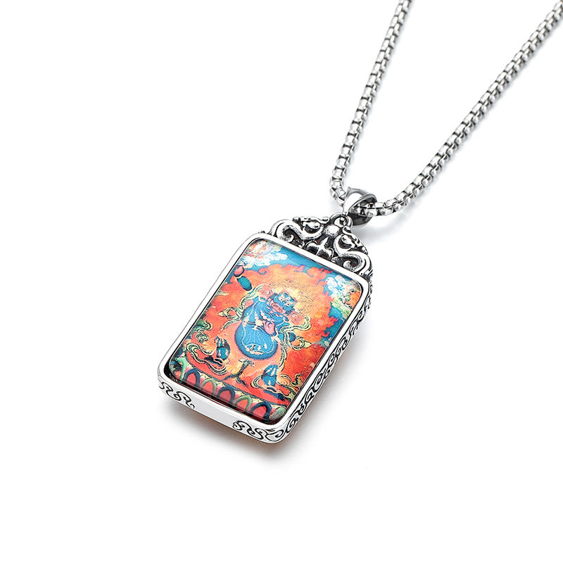 Steel Necklace - Vintage Ethnic Thangka Double-Sided Pendant For Everyday Boho Wear