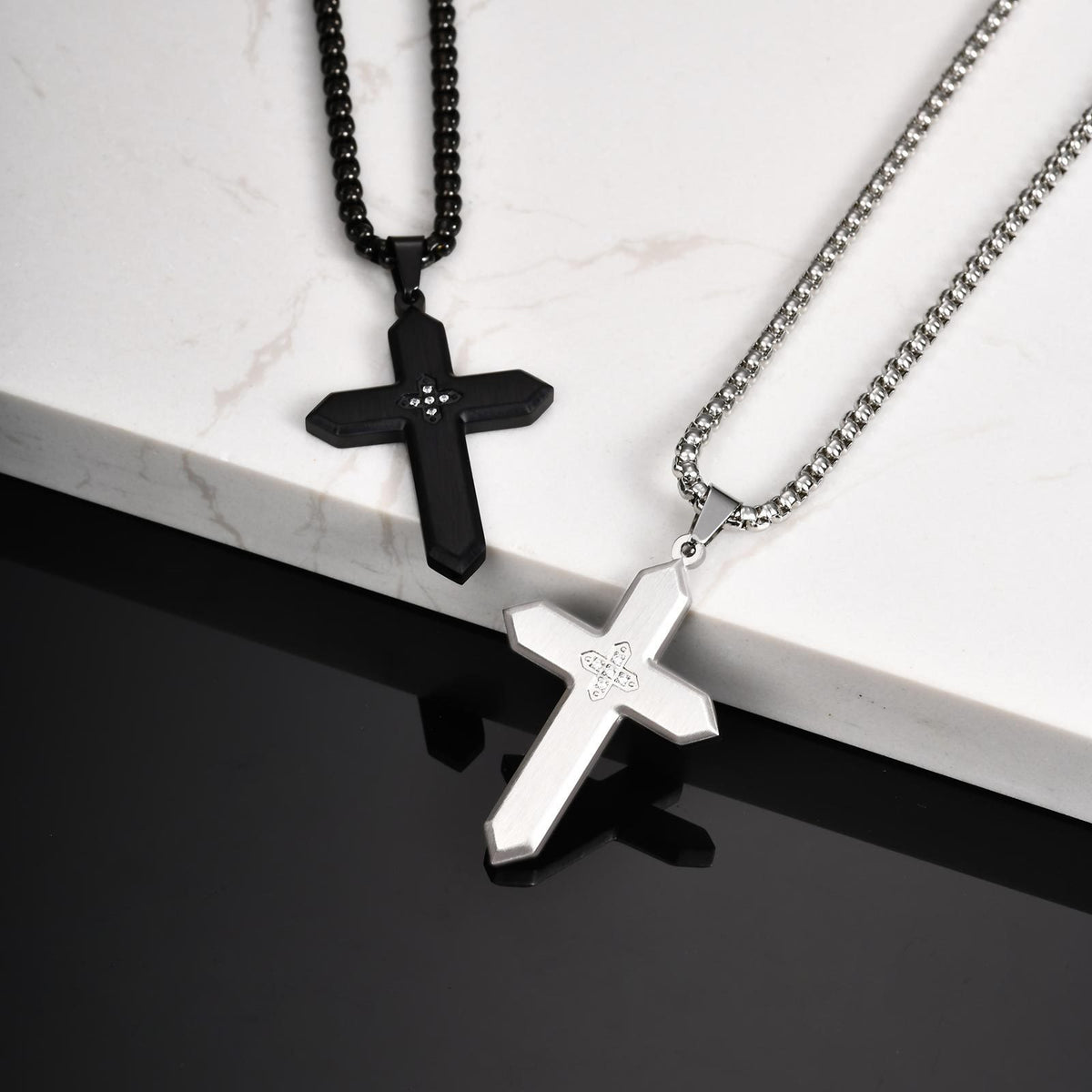 Unisex Classic Stainless Steel Inlaid Zircon Sand Surface Cross Pendant Square Pearl