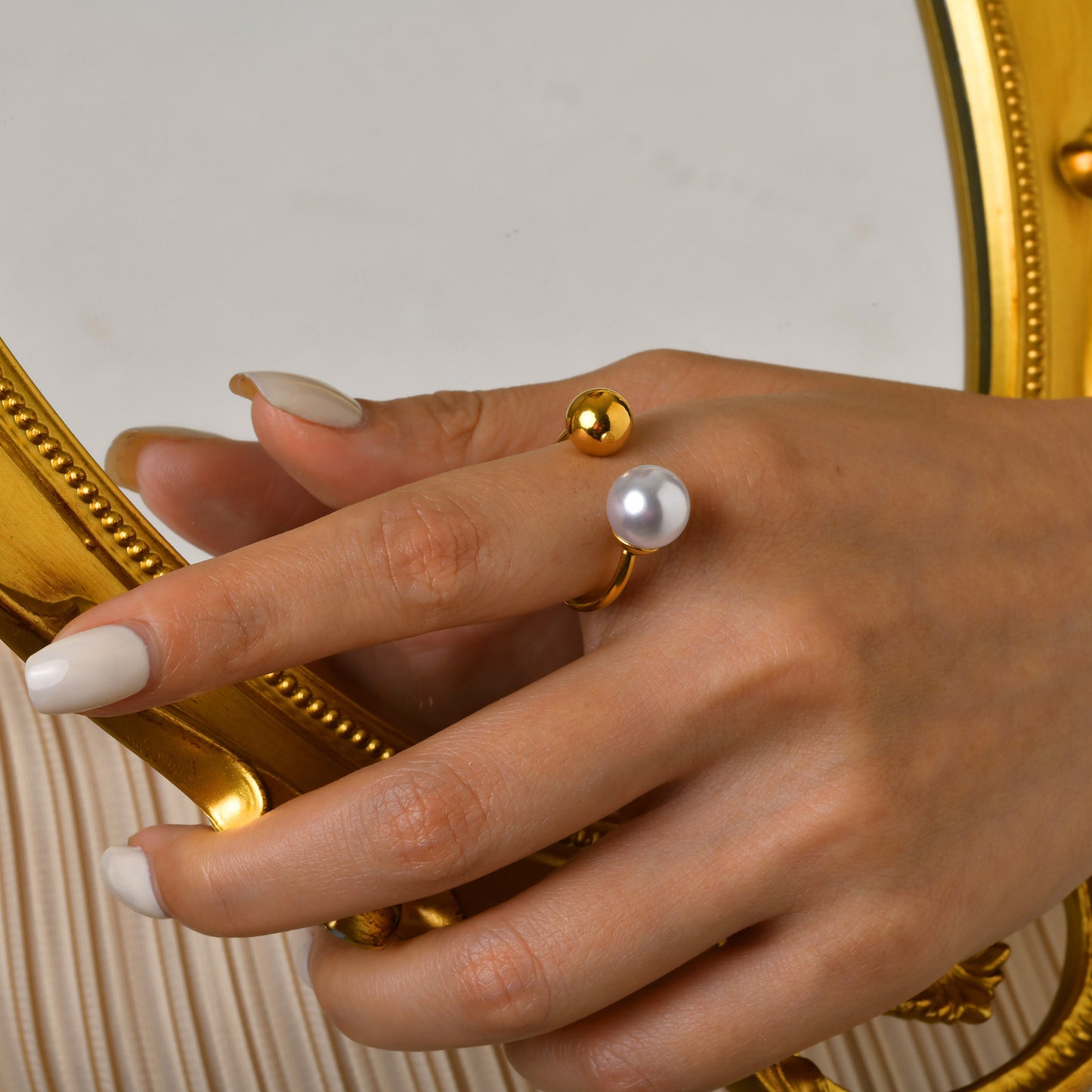European And American Pearl Open Ring Women's Stainless Steel Gold 18K Accessories