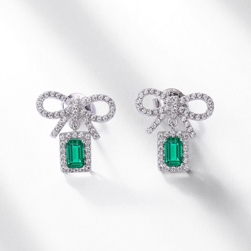 S925 Sterling Silver Lab-Grown Emerald Bow Stud Earrings