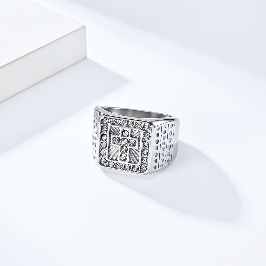 Planderful Hip Hop Mens Cross Ring Titanium Steel Plated 18K Gold Zircon Premium Light Luxury Jewelry