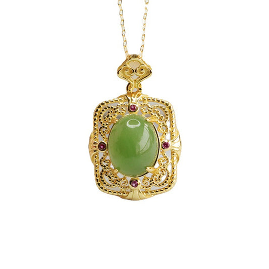 Natural Hotan Jade and Russian Jasper Necklace with Sterling Silver Pendant