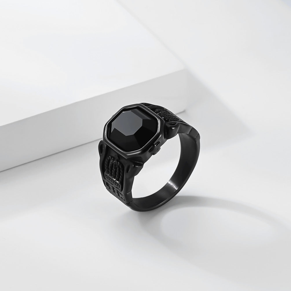 Planderful Titanium Steel Ring Black Stone Crown For Men Bold Statement Retro Street Style High End Jewelry