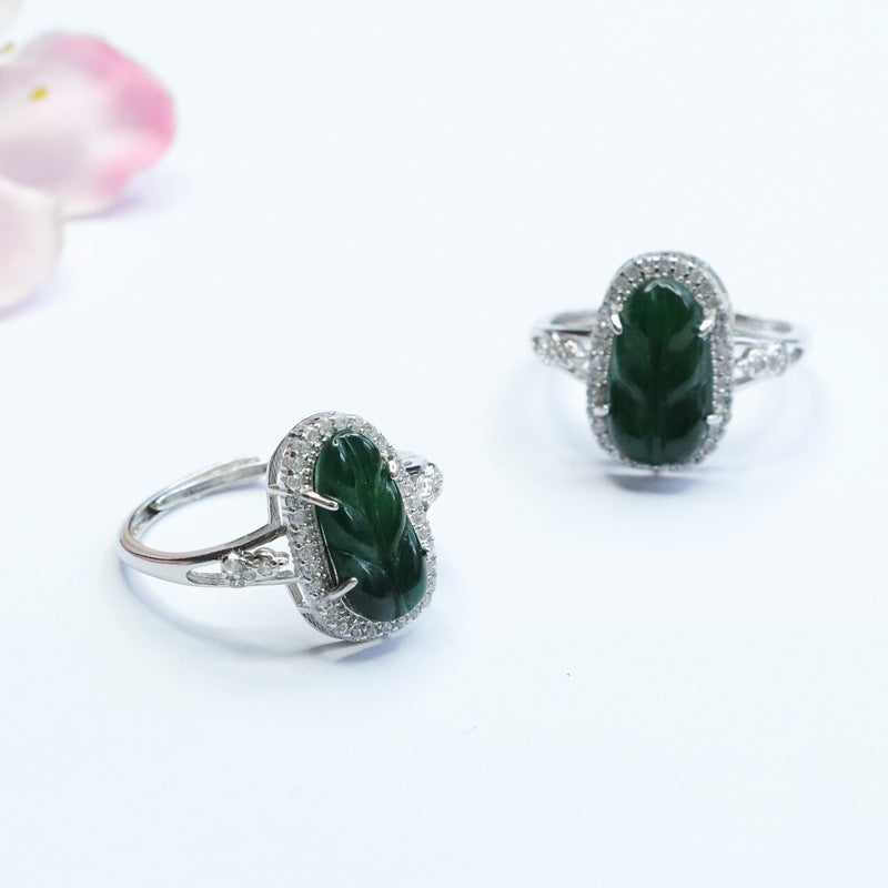 Emerald Jade Leaf Sterling Silver Ring