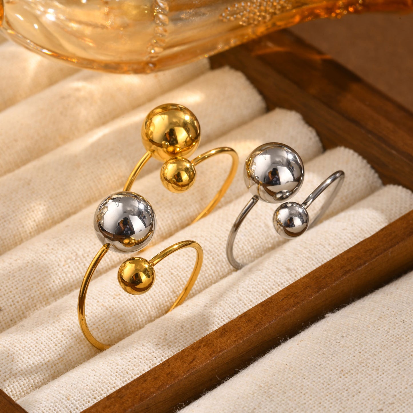Stainless Steel Ball Adjustable Ring Gold Women's Fashion Jewelry