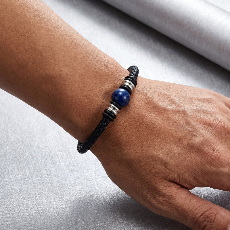 Woven Leather Rope Bracelet Tiger's Eye Stone Lapis Lazuli Magnetic Buckle Stainless