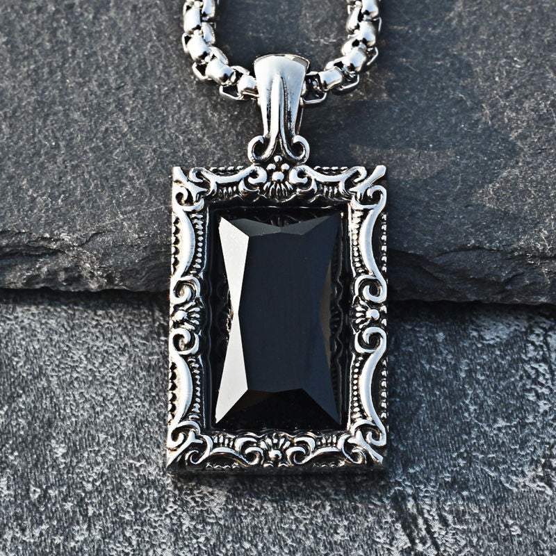 Planderful Pendant For Men And Women Retro Engraved Rectangle Black Stone Titanium Steel Unisex Bold Hip Hop Style