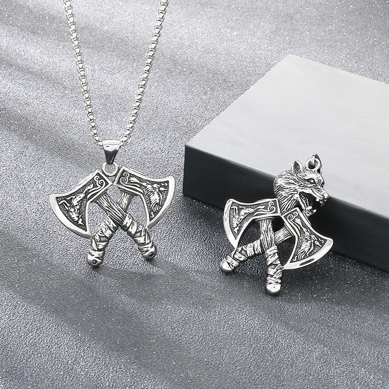 Nordic Viking Wolf Head Tomahawk Pendant, Retro Celtic Knot Warhammer Titanium Steel Necklace