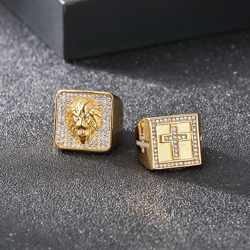 Planderful Mens Titanium Ring Lion Head Zircon Cross