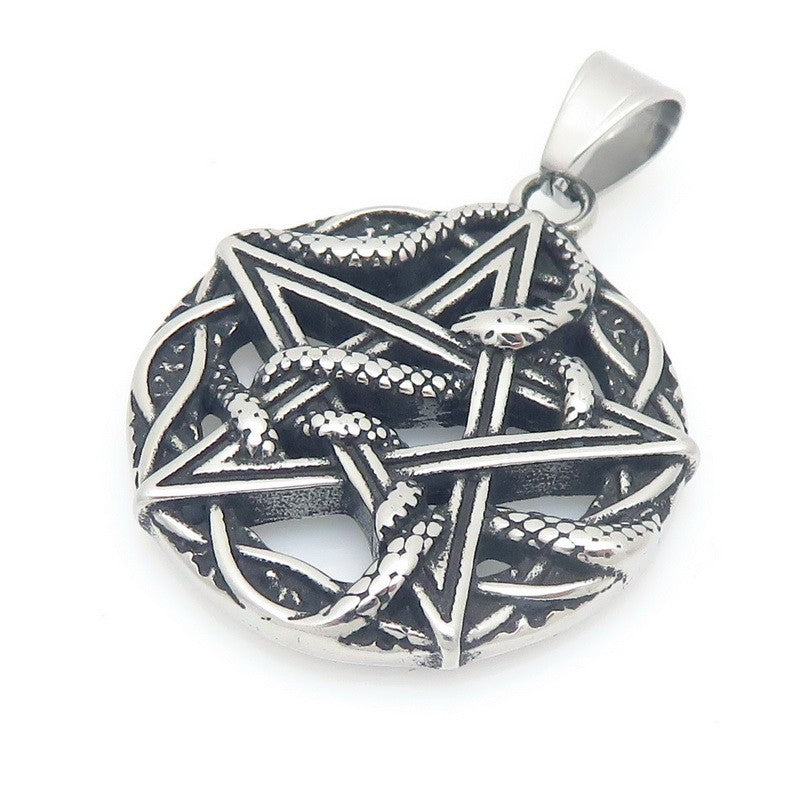 Retro Pentagram Triple Moon Necklace, Gothic Wind Snake Wrapped Pentagram Men's Titanium Steel
