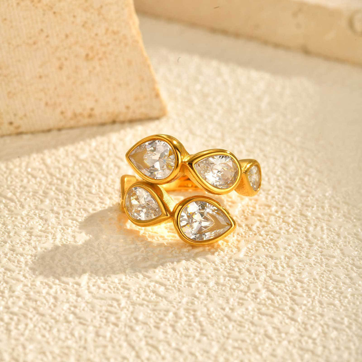 Stainless Steel Water Drop Zircon Embellishment Ring Elegant