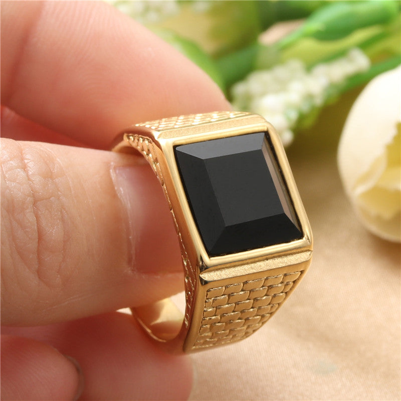 Titanium Steel Vintage Square Stone Ring - Trendy Men's Accessory with Black Gemstone