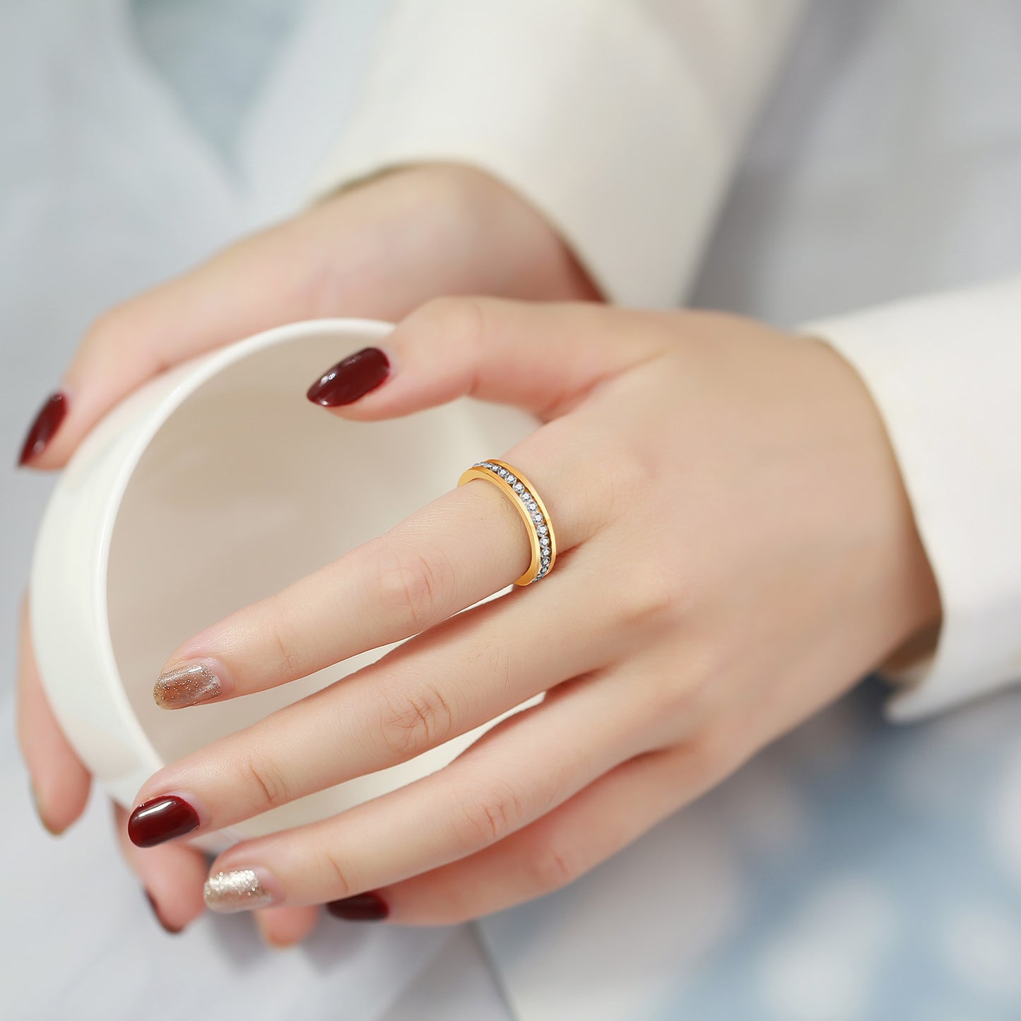 Stainless Steel Rose Gold Gold Ring Women's Rhinestone 4MM