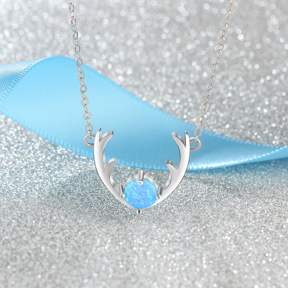 Planderful Jewelry Blue Opal Necklace Elk Pendant