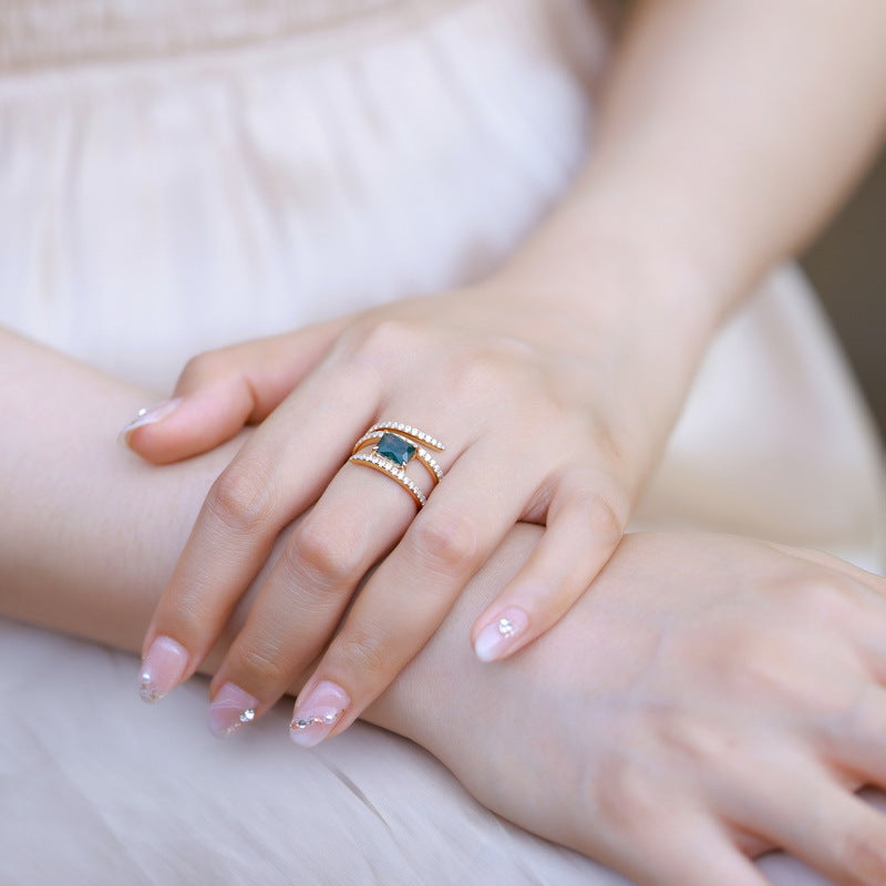 S925 Sterling Silver Moss Agate Three-Layer Layered Ring