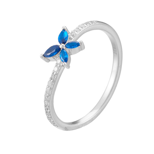 Blue Zircon Butterfly Slightly Curved Slim Sterling Silver Ring