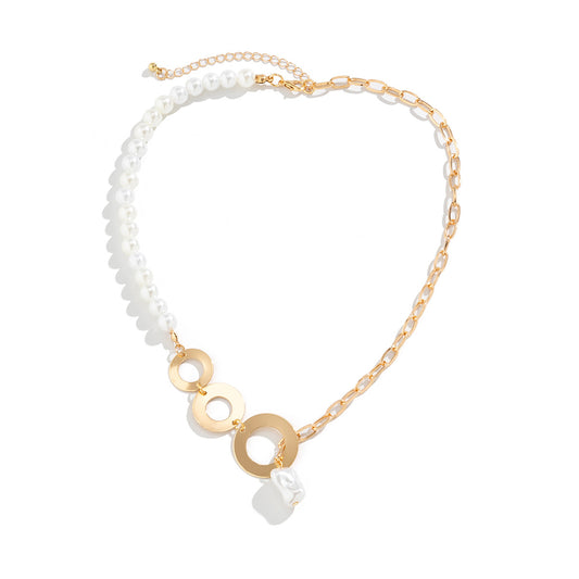 Jewelry Collection - Cross-border Geometric Beaded Necklace with Asymmetric Niche Ring and Imitation Pearl Pendant