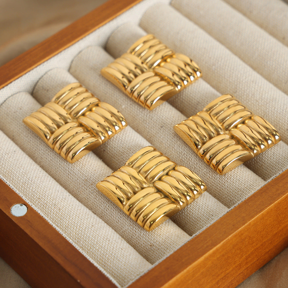 Golden Striped Square Earrings - Retro Geometric Design