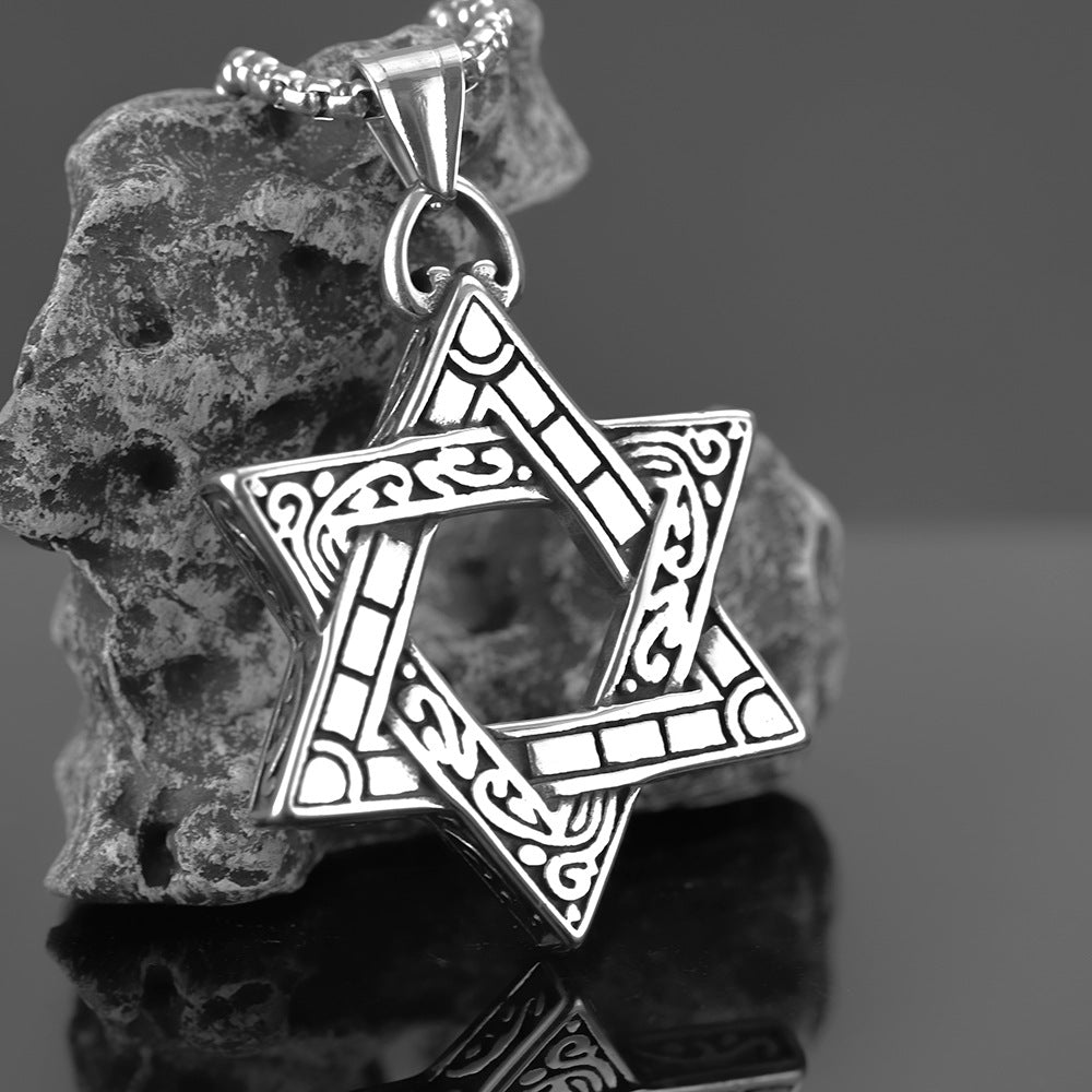 Retro Stainless Steel Men's Pendant Double-Sided Hexagram Necklace