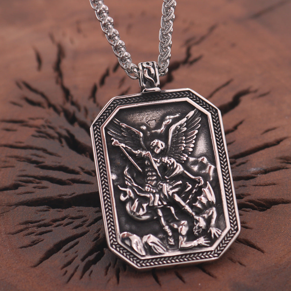 Mythical Angel Shield Pendant Necklace with Norse Runes Stainless Steel Chain
